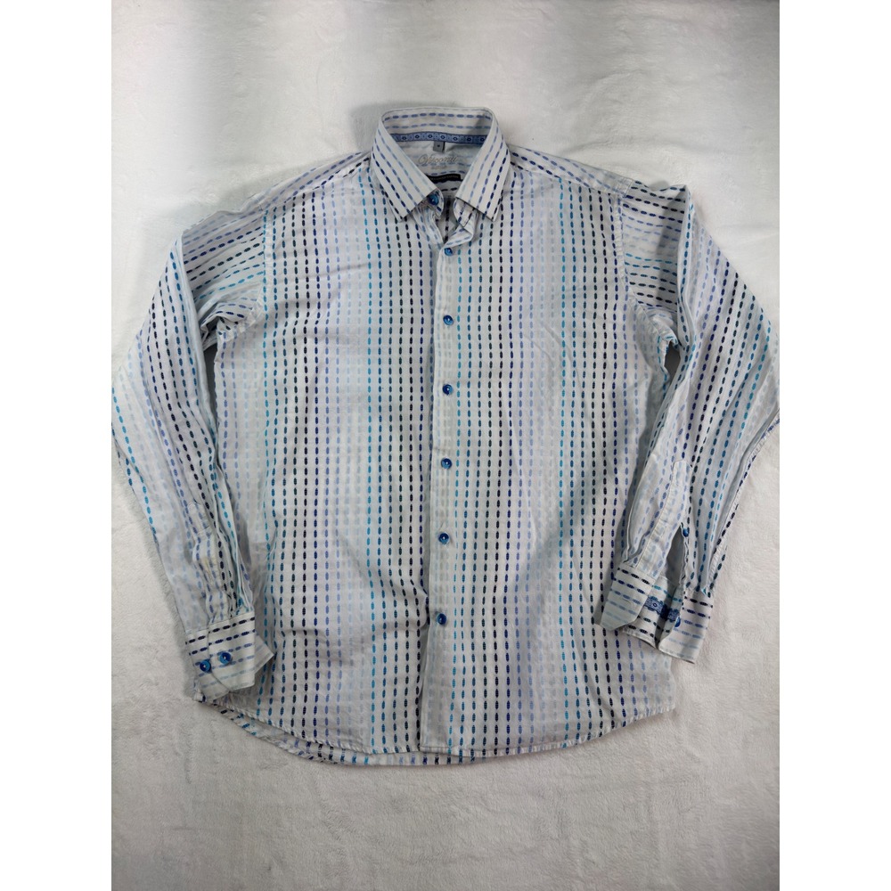 Visconti Uomo Mens Blue White Geometric Dash 2 Ply Mercerized Cotton Shirt M